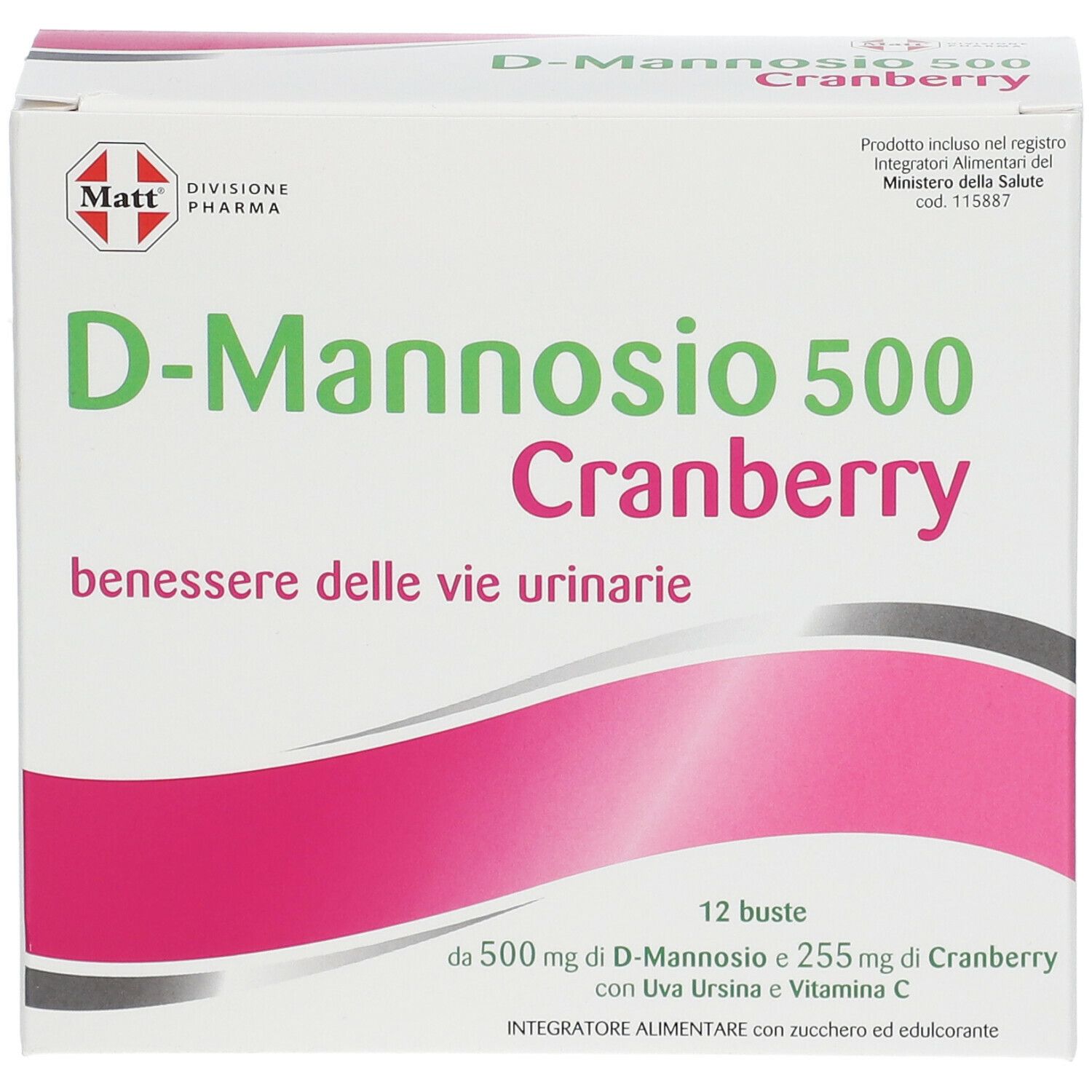 Scatola di Matt Pharma D-Mannosio 500 Cranberry. Confezione bianca con nome e logo. 12 bustine.