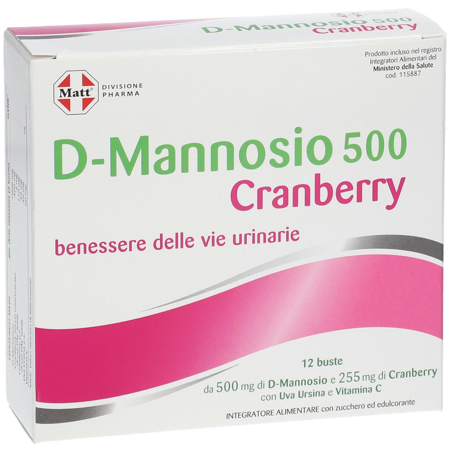 Scatola di Matt Pharma D-Mannosio 500 Cranberry. Confezione bianca con nome e logo. 12 bustine.