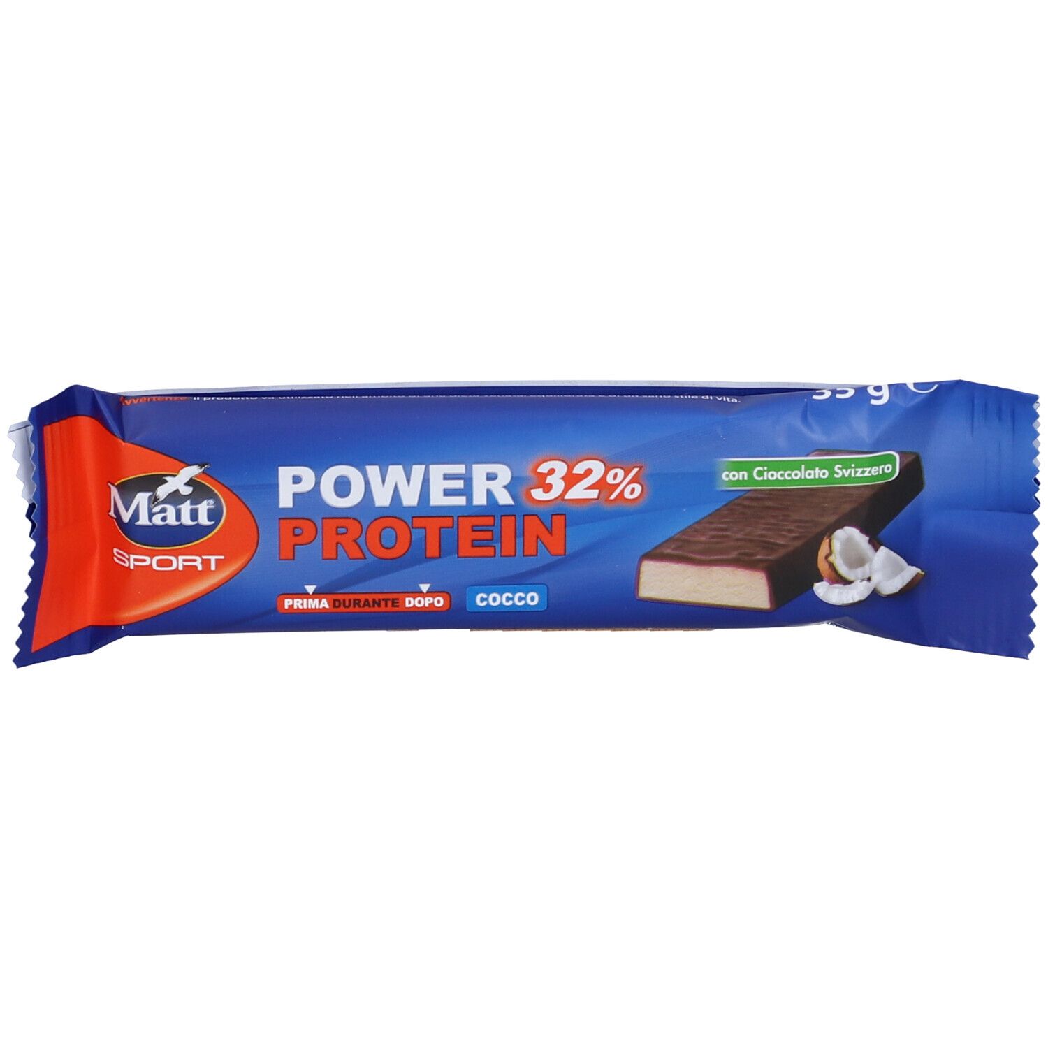 Confezione blu-arancio. Barretta proteica Matt Sport Power, gusto cocco. 33g. Con cioccolato.