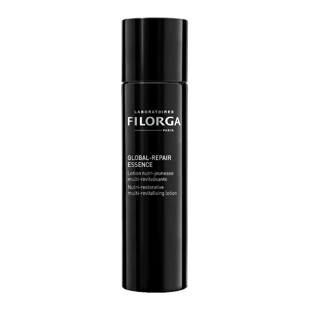 Flacone nero FILORGA Global-Repair Essence. Testo: Lotion nutri-jeunesse multi-revitalisante.