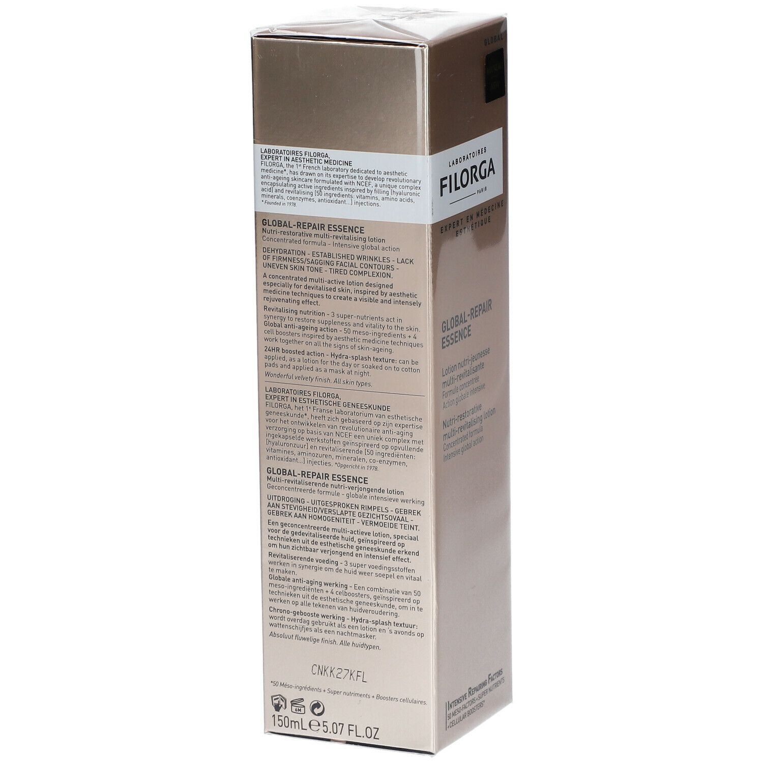 Confezione FILORGA Global-Repair Essence. Testo: Lotion nutri-jeunesse multi-revitalisante. Oro.