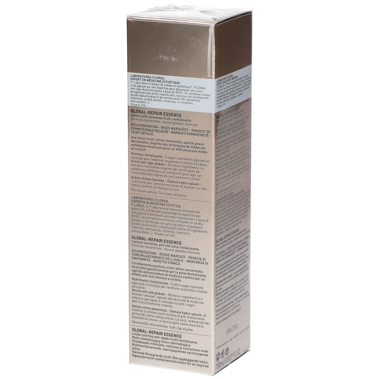 Confezione FILORGA Global-Repair Essence. Testo: Lotion nutri-jeunesse multi-revitalisante. Oro.