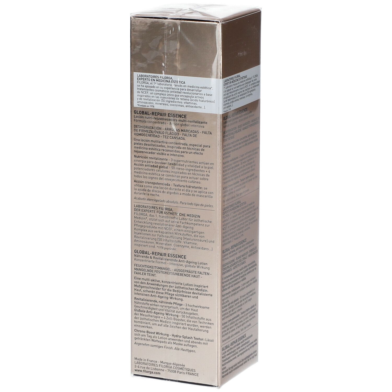 Confezione FILORGA Global-Repair Essence. Testo: Lotion nutri-jeunesse multi-revitalisante. Oro.