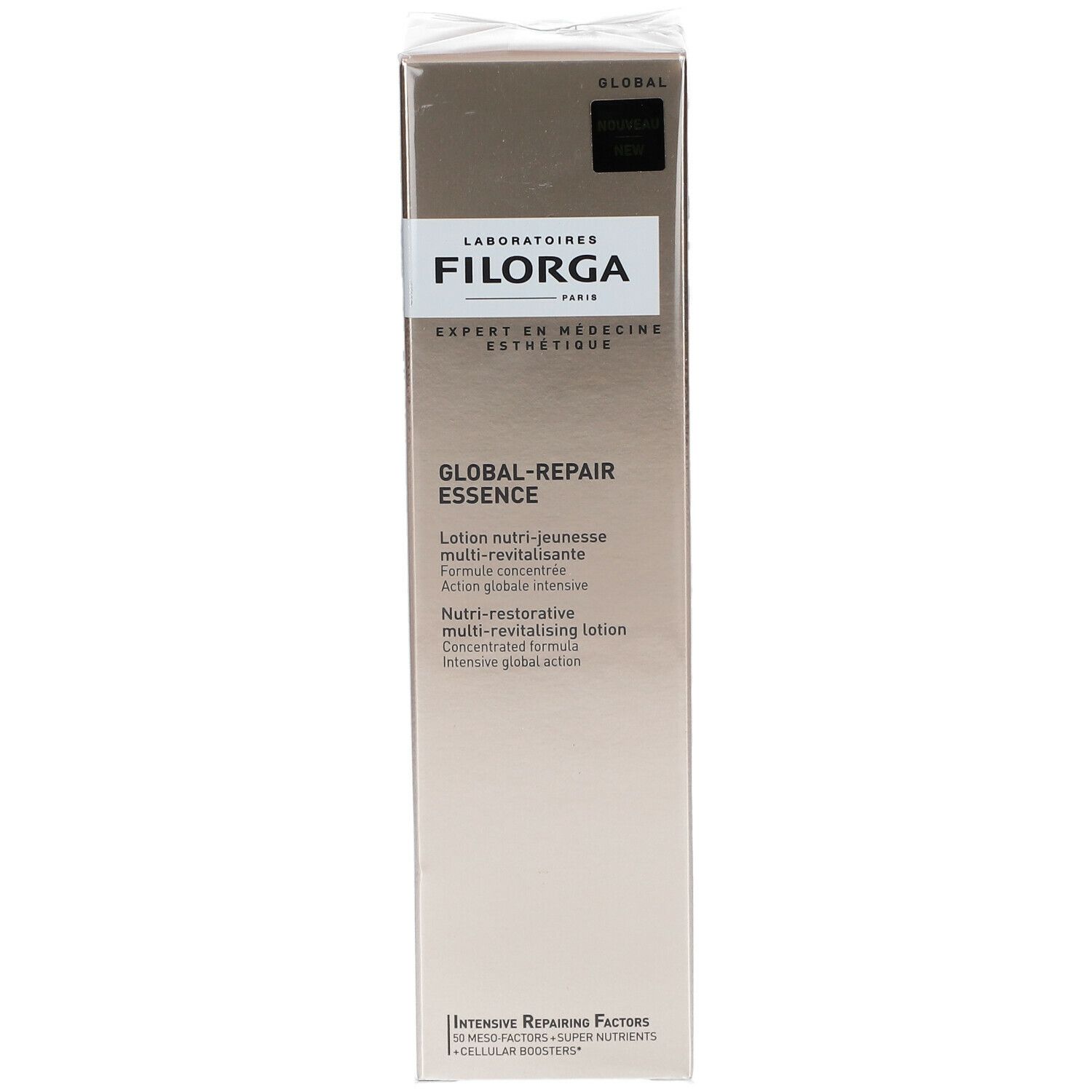 Confezione FILORGA Global-Repair Essence. Testo: Lotion nutri-jeunesse multi-revitalisante. Oro.