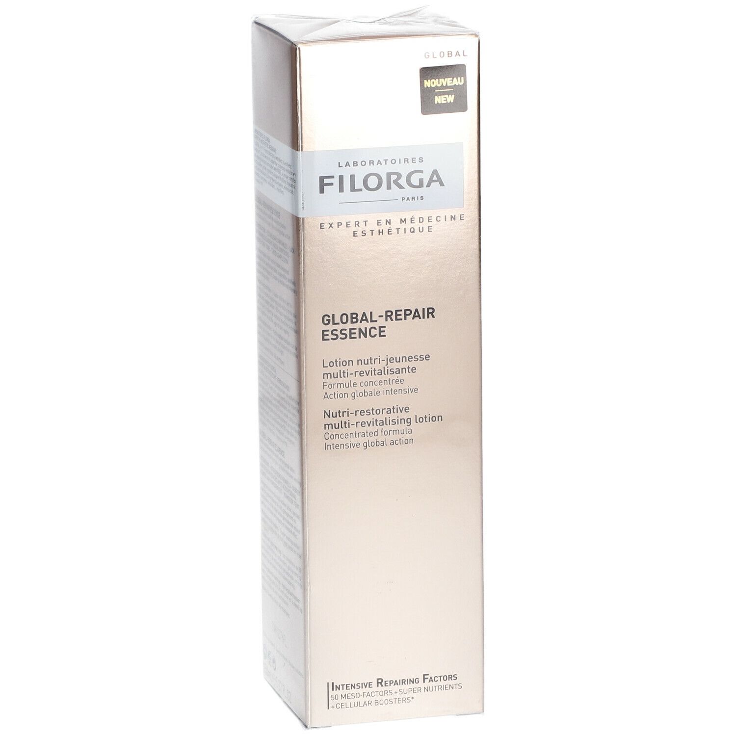 Confezione FILORGA Global-Repair Essence. Testo: Lotion nutri-jeunesse multi-revitalisante. Oro.