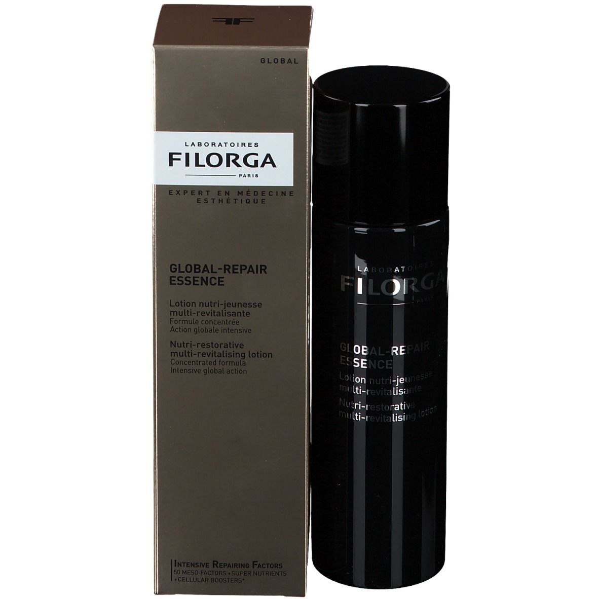 Flacone e confezione FILORGA Global-Repair Essence. Testo: Lotion nutri-jeunesse multi-revitalisante.