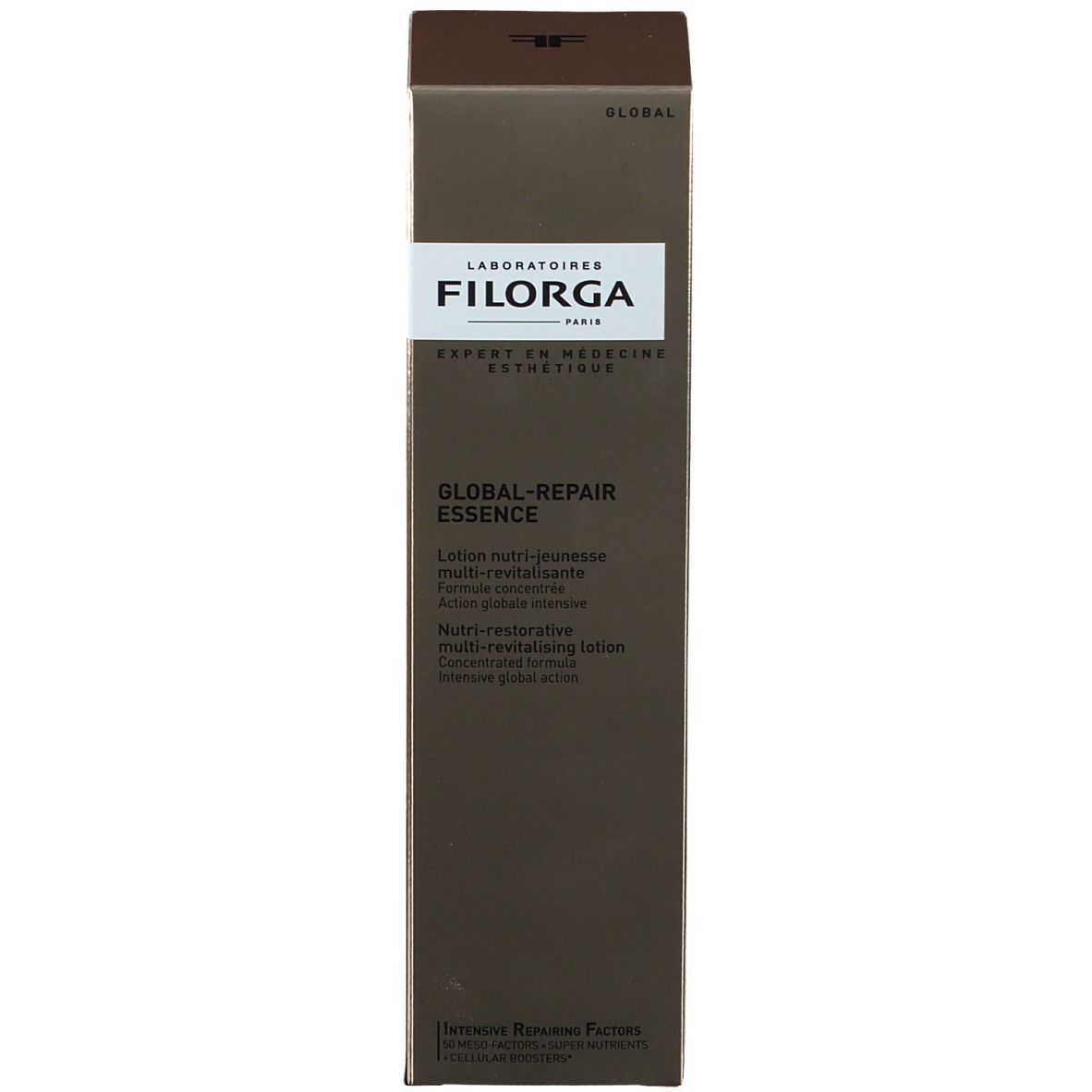 Confezione FILORGA Global-Repair Essence. Testo: Lotion nutri-jeunesse multi-revitalisante. Marrone.