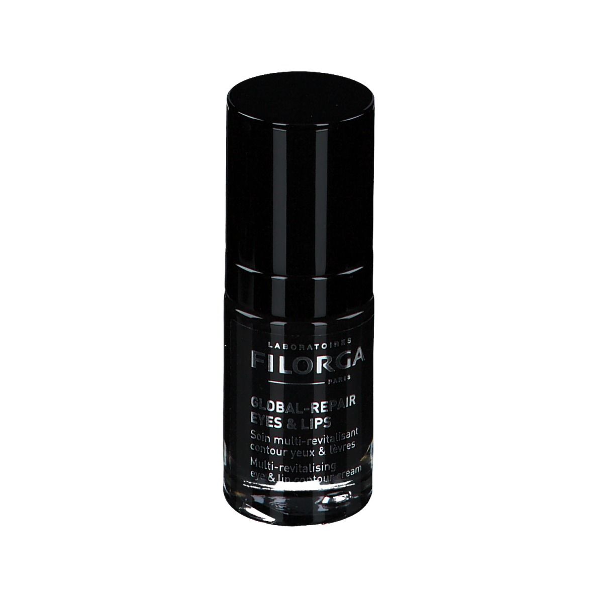 Flacone nero con tappo nero. Scritta: FILORGA PARIS, GLOBAL-REPAIR EYES & LIPS.