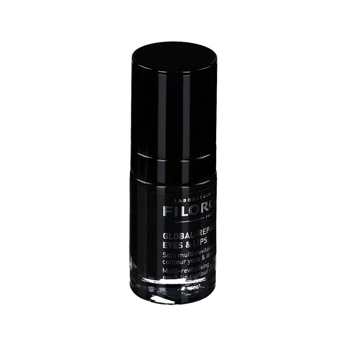 Flacone nero con tappo nero. Scritta: FILORGA PARIS, GLOBAL-REPAIR EYES & LIPS.
