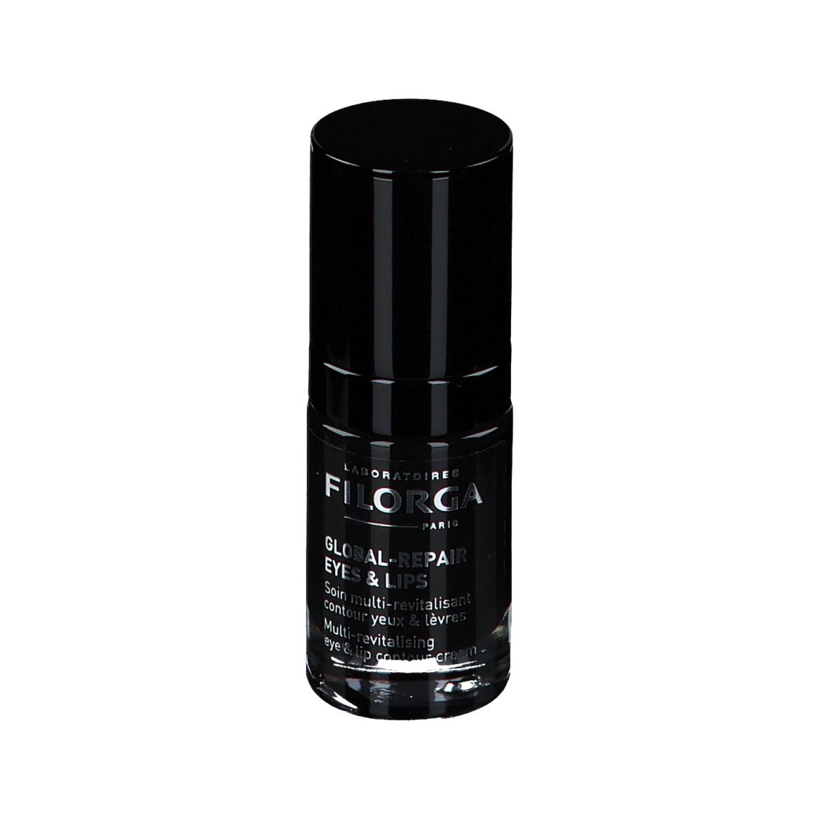Flacone nero con tappo nero. Scritta: FILORGA PARIS, GLOBAL-REPAIR EYES & LIPS.