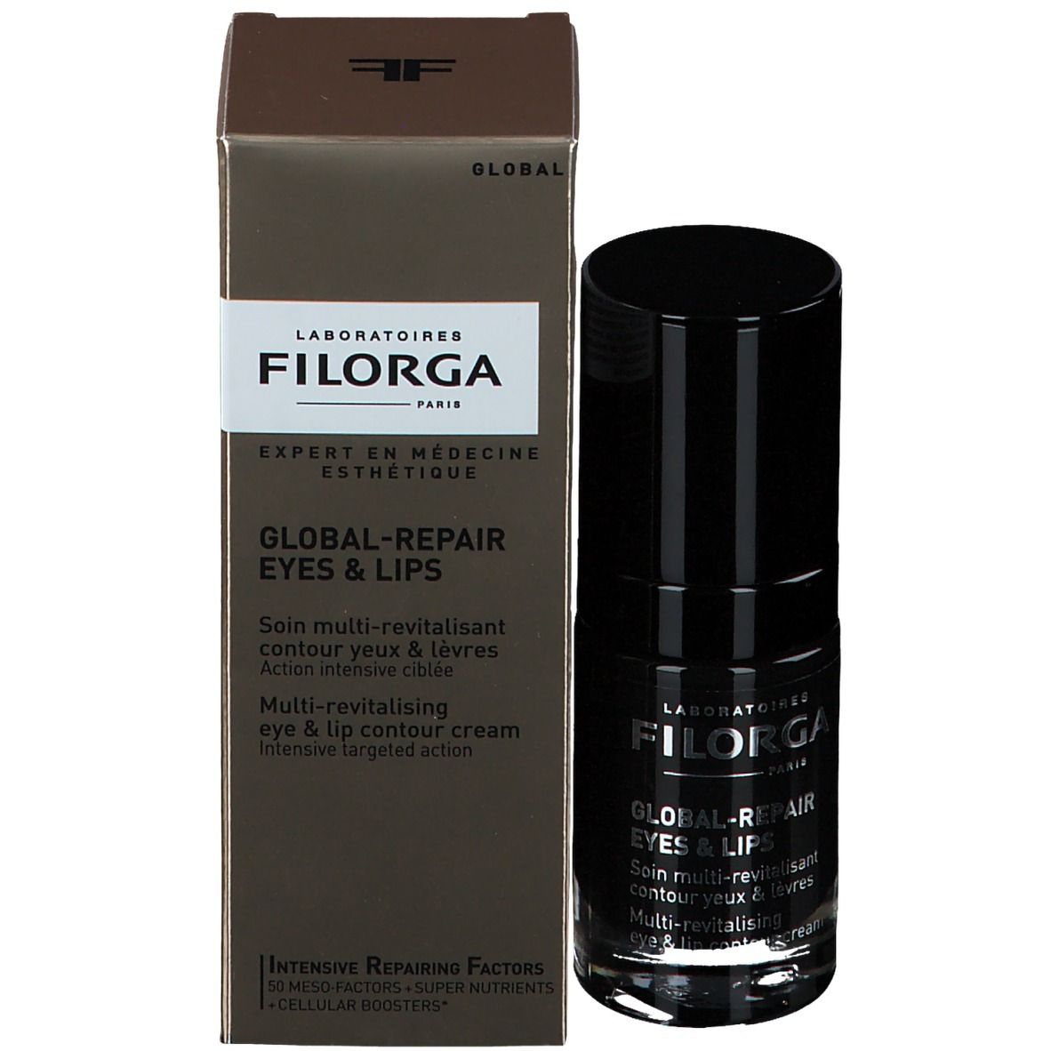 Confezione del prodotto con flacone e scatola. Scritta: FILORGA, GLOBAL-REPAIR EYES & LIPS.