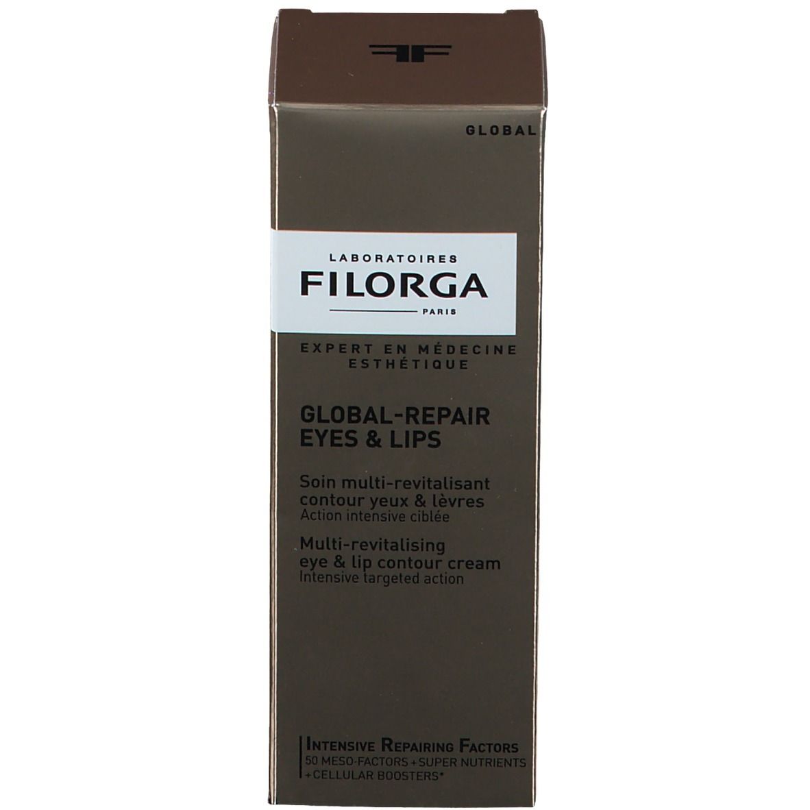 Confezione del prodotto con scatola. Scritta: FILORGA, GLOBAL-REPAIR EYES & LIPS.