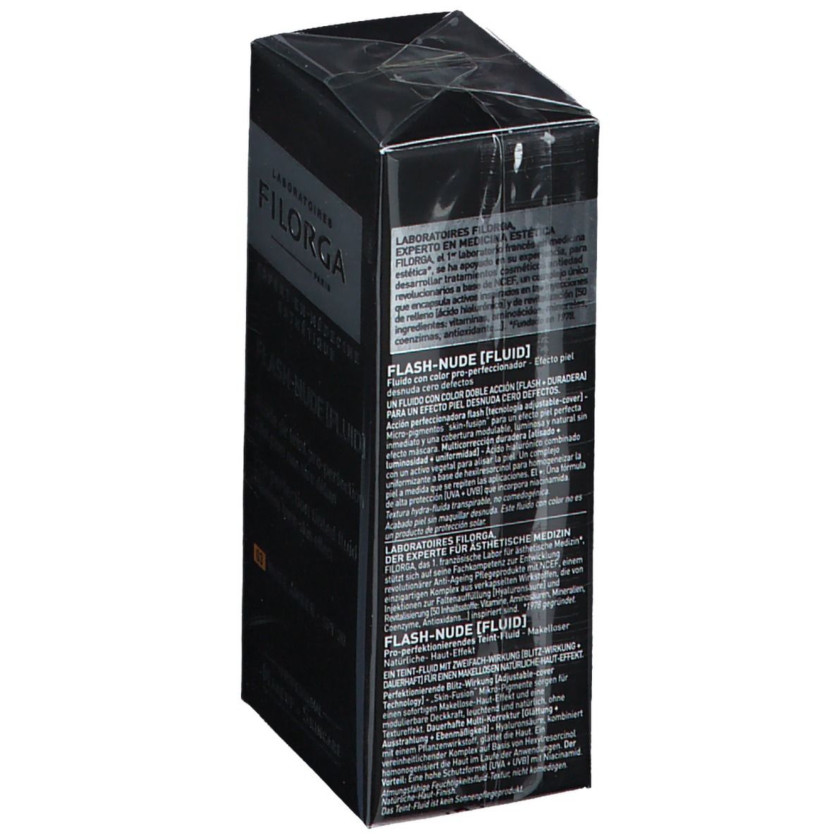 Schwarzer Karton mit Text. Aufschrift: FILORGA, FLASH-NUDE [FLUID]. Detailansicht der Verpackung.