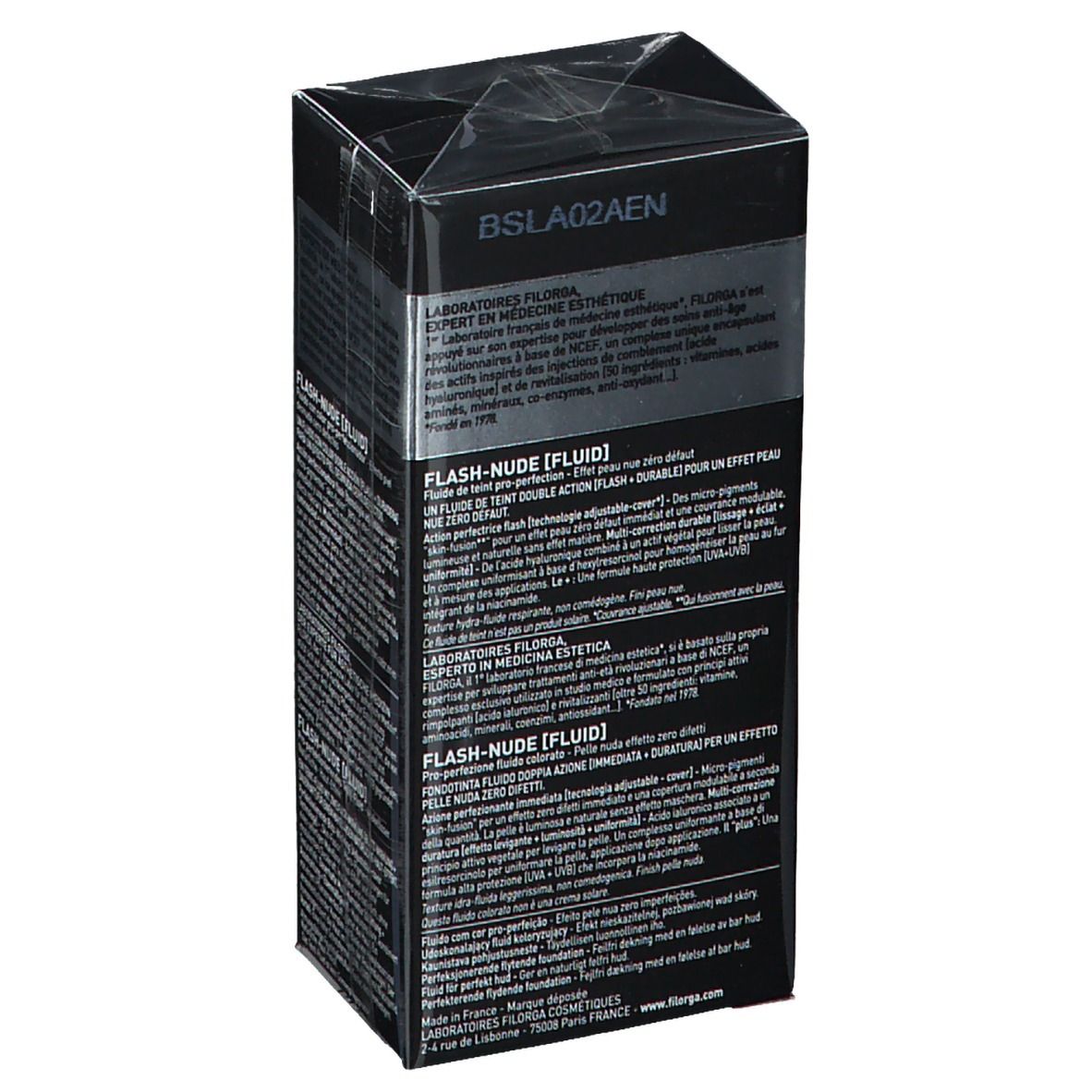 Schwarzer Karton mit Text. Aufschrift: FILORGA, FLASH-NUDE [FLUID]. Detailansicht der Verpackung.