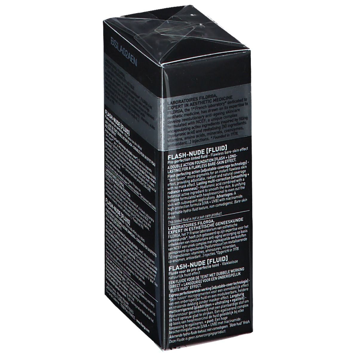 Schwarzer Karton mit Text. Aufschrift: FILORGA, FLASH-NUDE [FLUID]. Detailansicht der Verpackung.