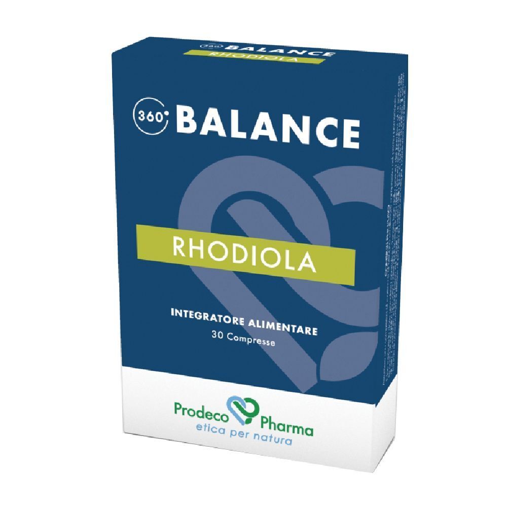 Scatola blu scuro con "360° BALANCE RHODIOLA". Rettangolo verde "RHODIOLA". "30 Compresse" e logo.