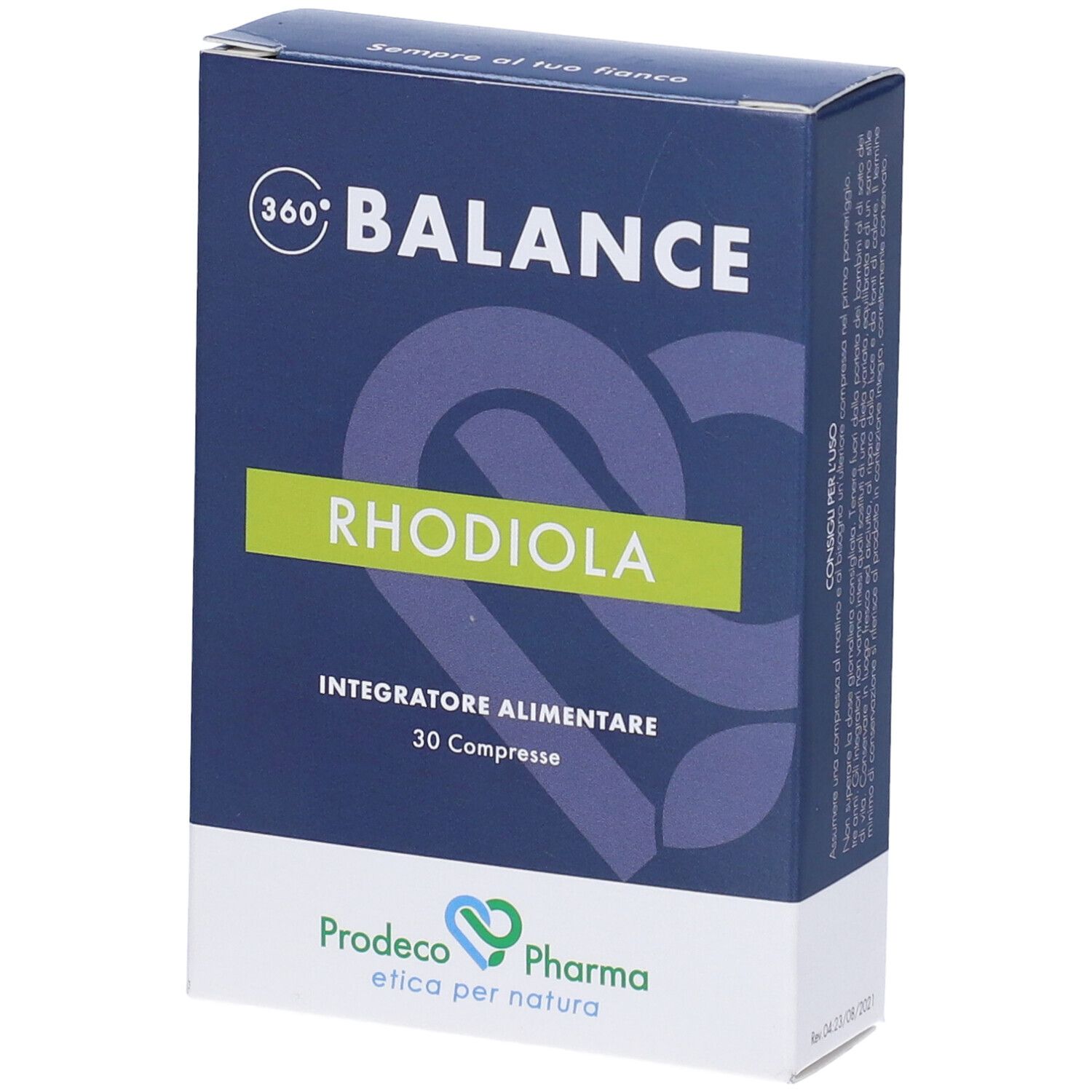 Scatola blu scuro con "360° BALANCE RHODIOLA". "RHODIOLA" in rettangolo verde. "30 Compresse" e logo.