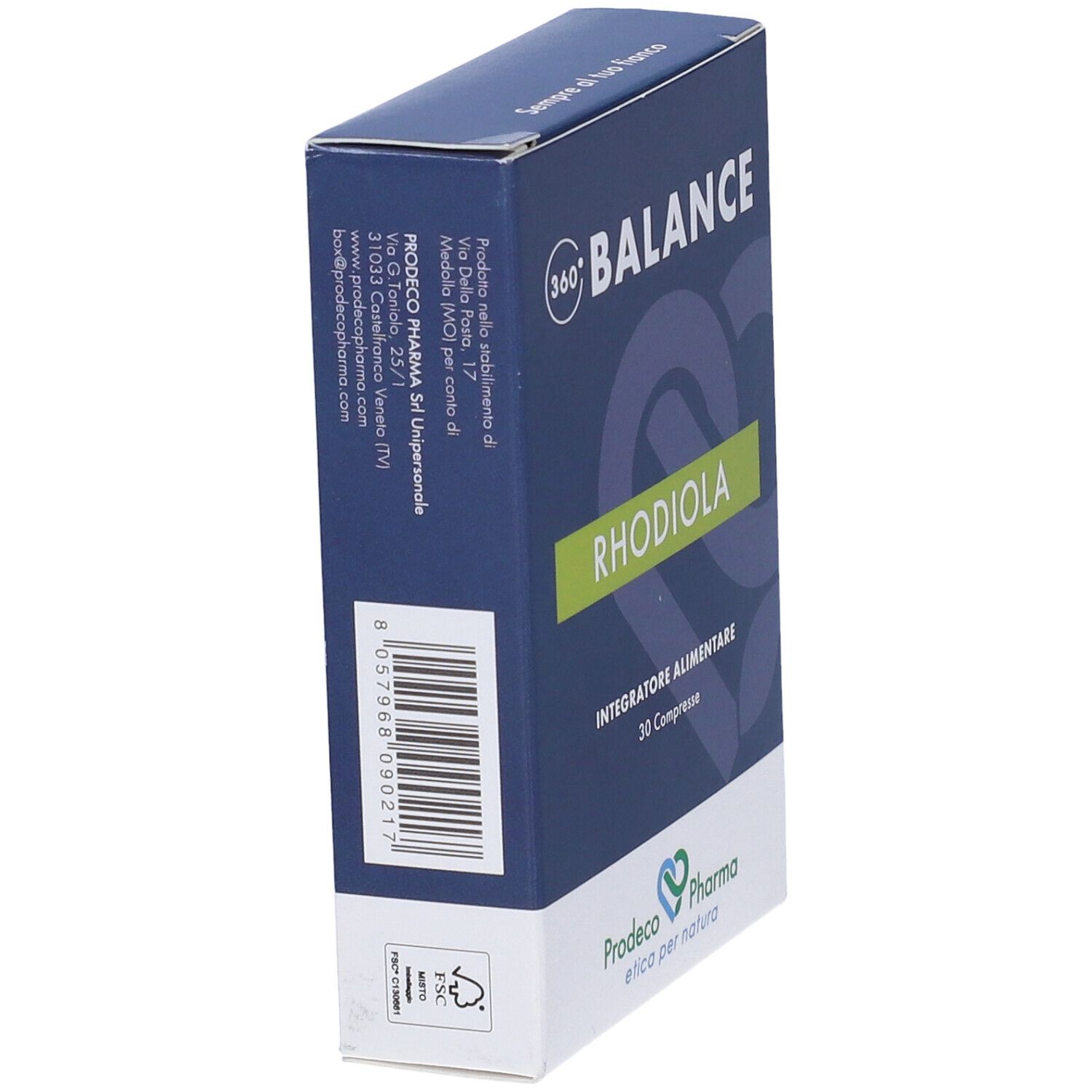 Scatola "360° BALANCE RHODIOLA". "RHODIOLA" in rettangolo verde. "30 Compresse" e logo. Vista laterale con testo.