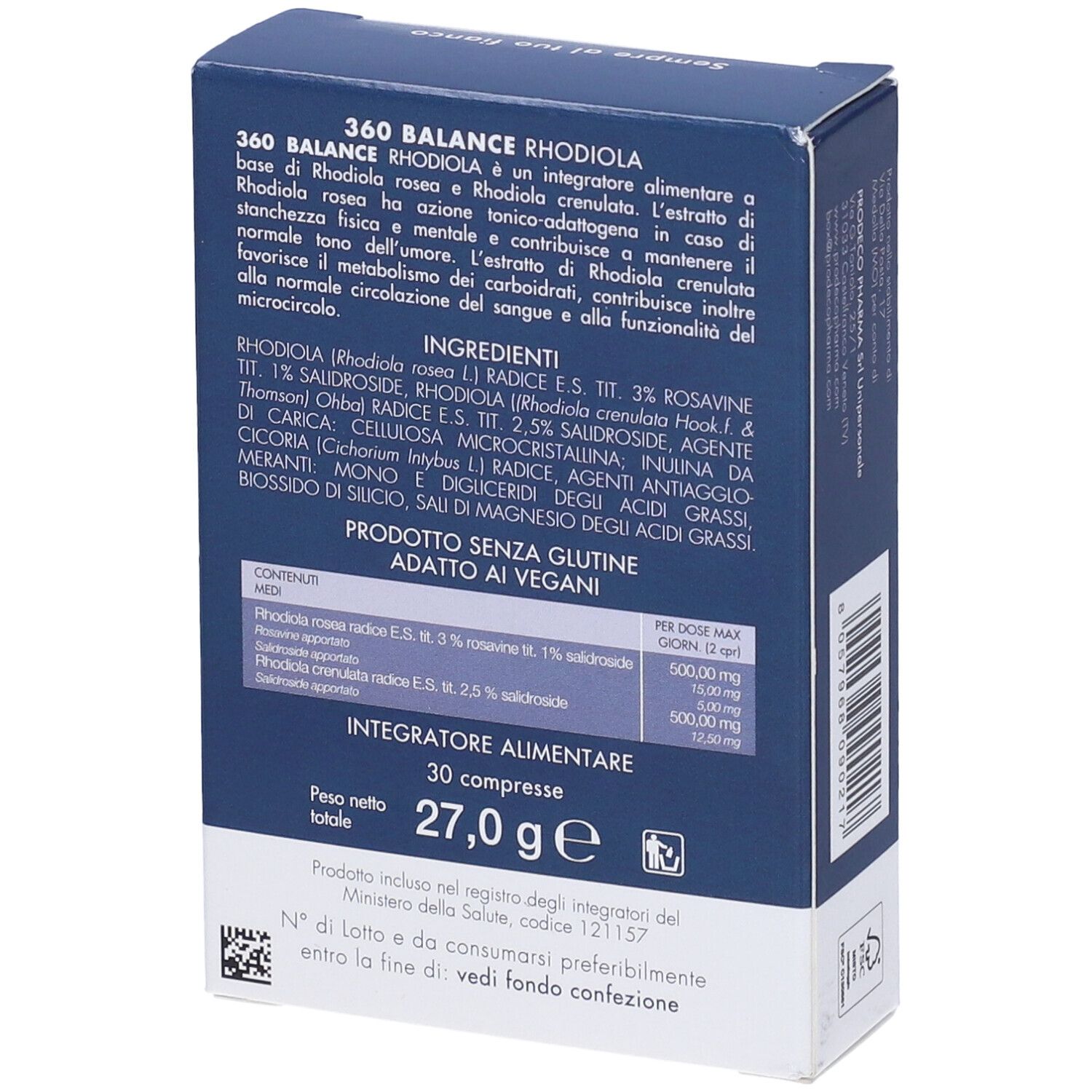 Retro della scatola con "360 BALANCE RHODIOLA". Testo su ingredienti e valori nutrizionali. "30 Compresse" e logo.
