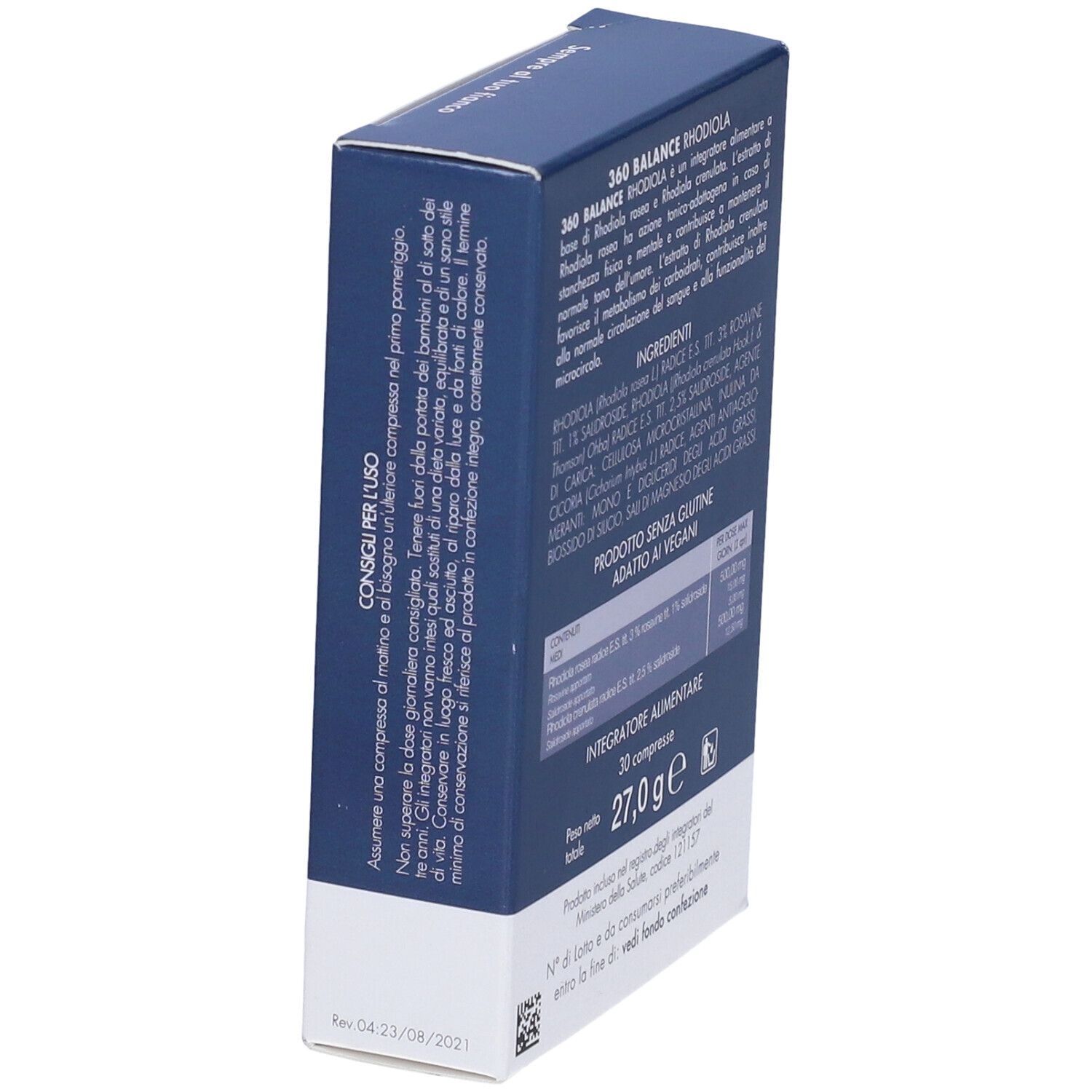 Vista laterale della scatola con testo. "360 BALANCE RHODIOLA". "30 Compresse" e logo. Consigli per l'uso.