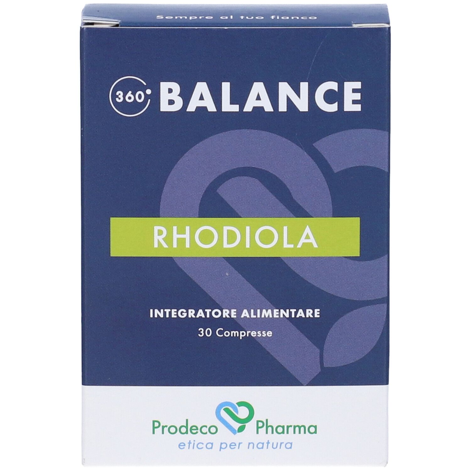 Scatola blu scuro con "360° BALANCE RHODIOLA". "RHODIOLA" in rettangolo verde. "30 Compresse" e logo.
