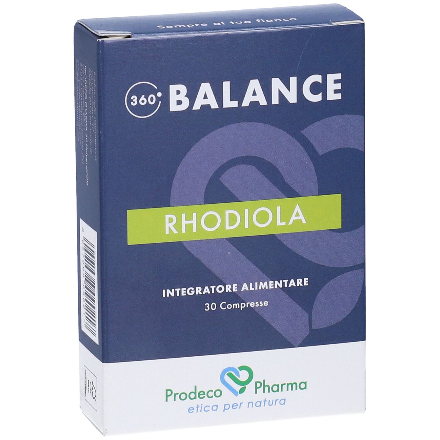 Scatola blu scuro con "360° BALANCE RHODIOLA". "RHODIOLA" in rettangolo verde. "30 Compresse" e logo.