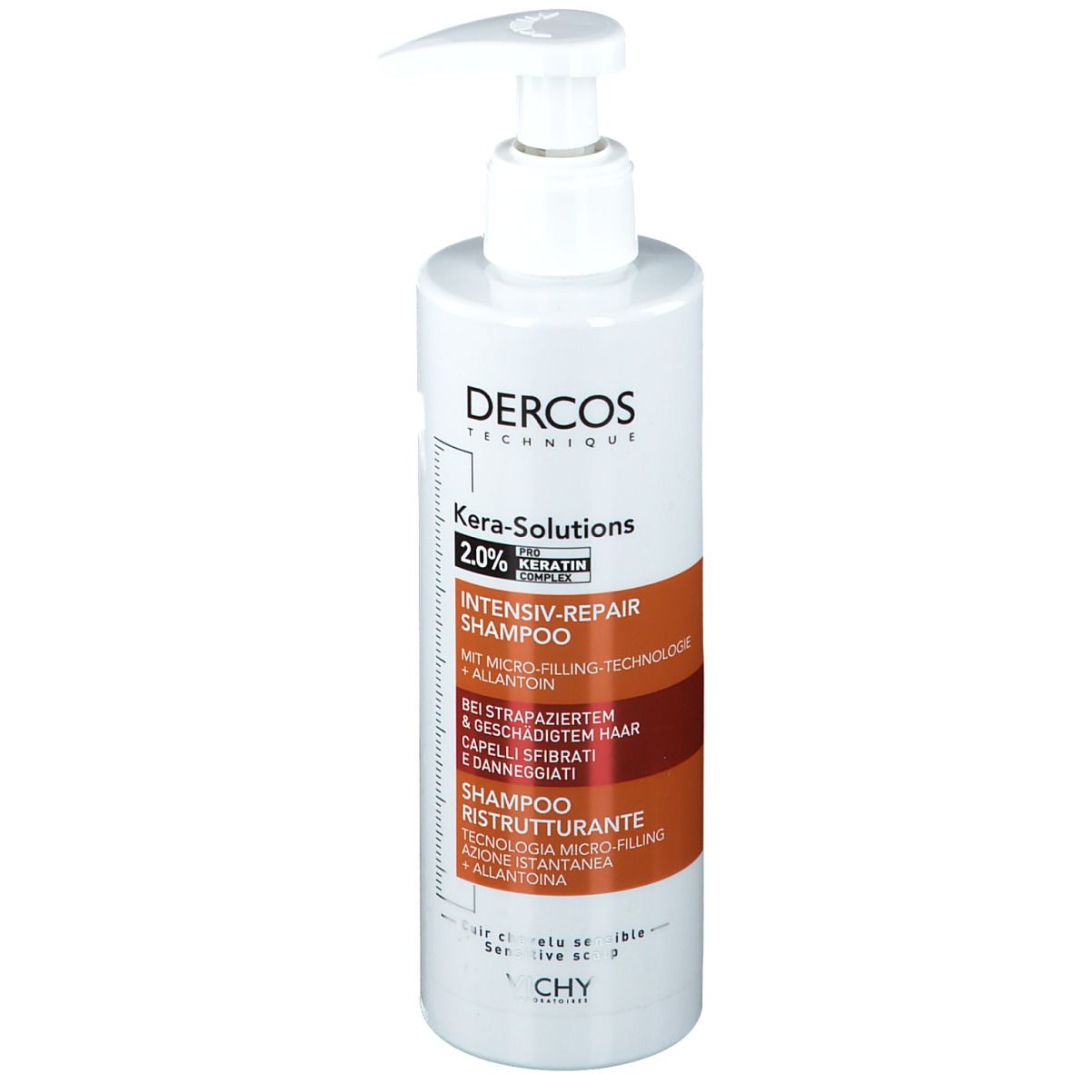 Weiße Flasche mit Pumpverschluss. Aufschrift: Dercos Kera-Solutions, Intensiv-Repair Shampoo.