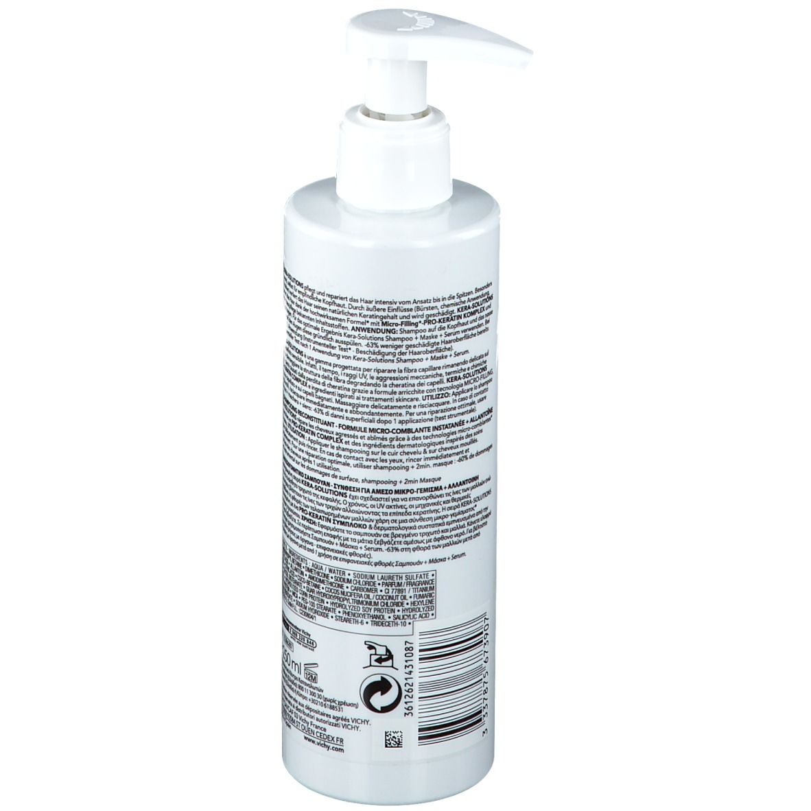 Rückseite einer weißen Flasche mit Pumpverschluss. Text und Logos.