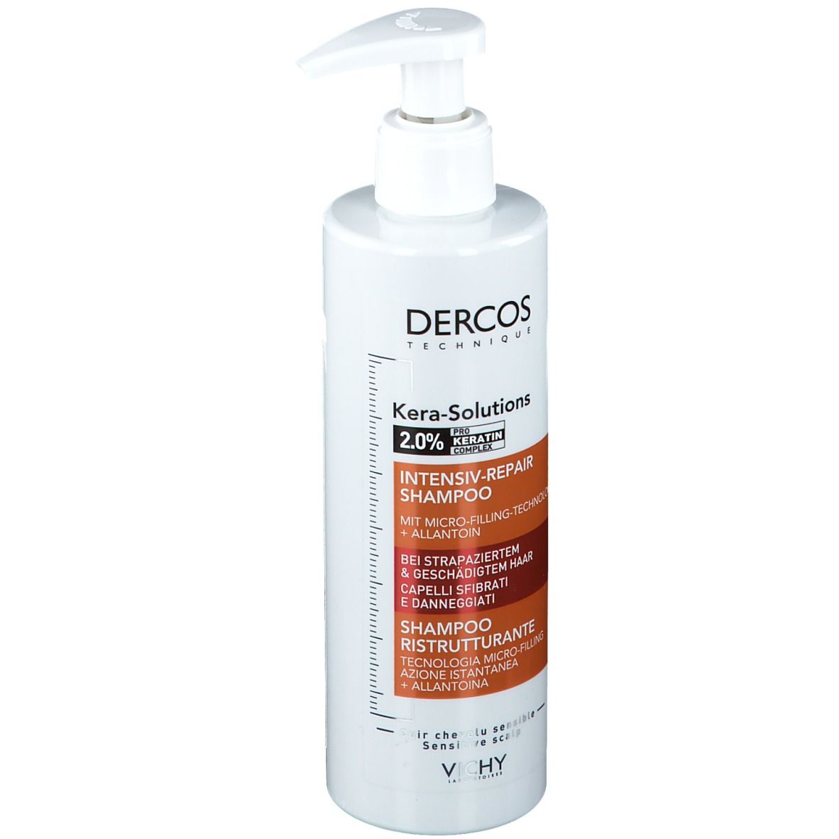 Weiße Flasche mit Pumpverschluss. Aufschrift: Dercos Kera-Solutions, Intensiv-Repair Shampoo.
