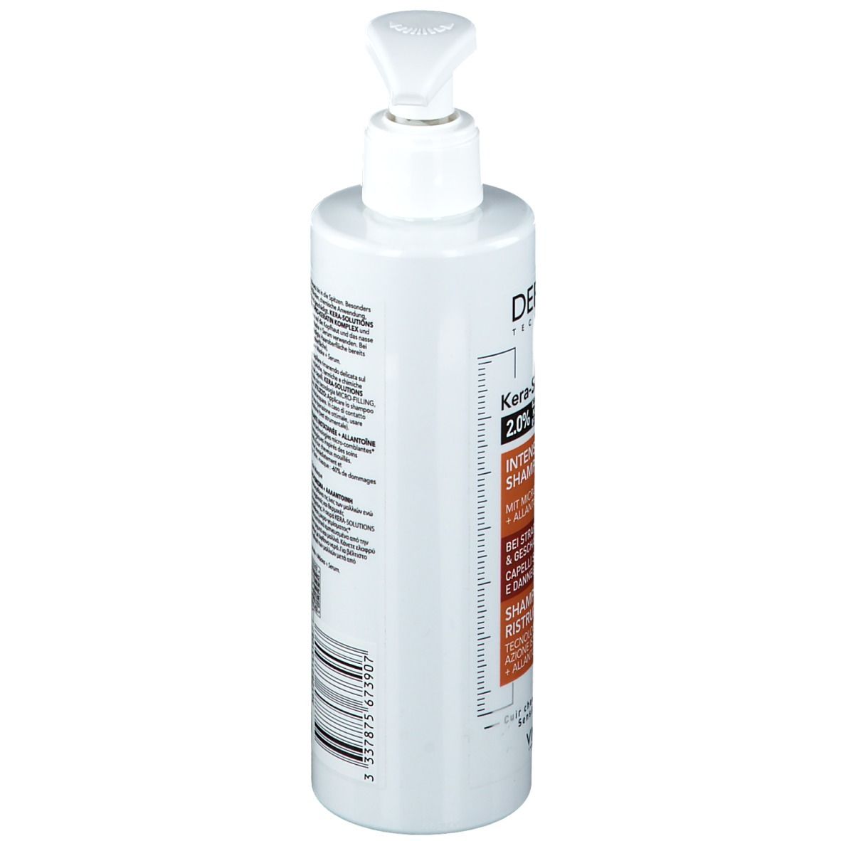 Rückseite einer weißen Flasche mit Pumpverschluss. Text und Logos.