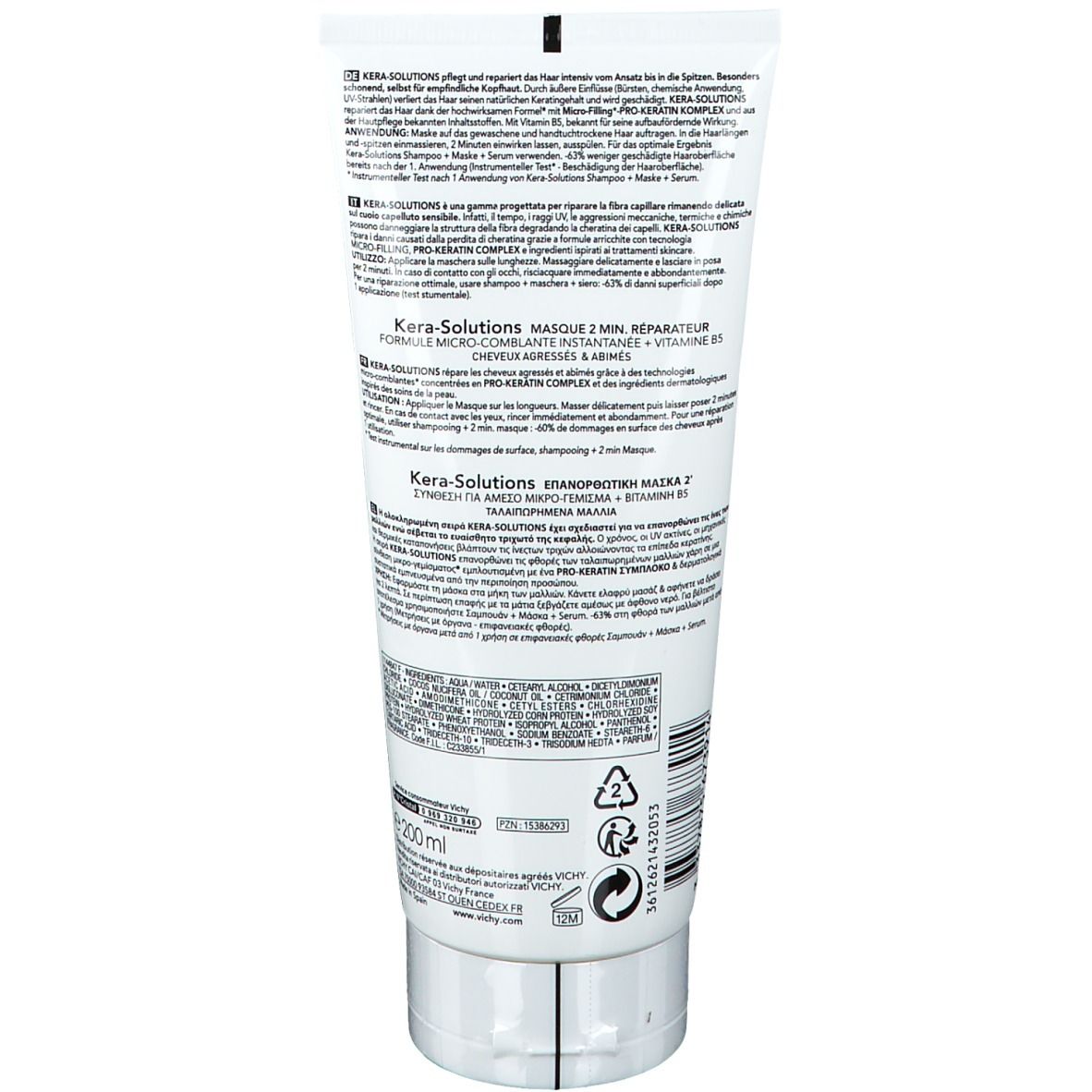 Retro di un tubo bianco. Testo: Kera-Solutions, maschera riparatrice 2 min. Ingredienti e informazioni del produttore.