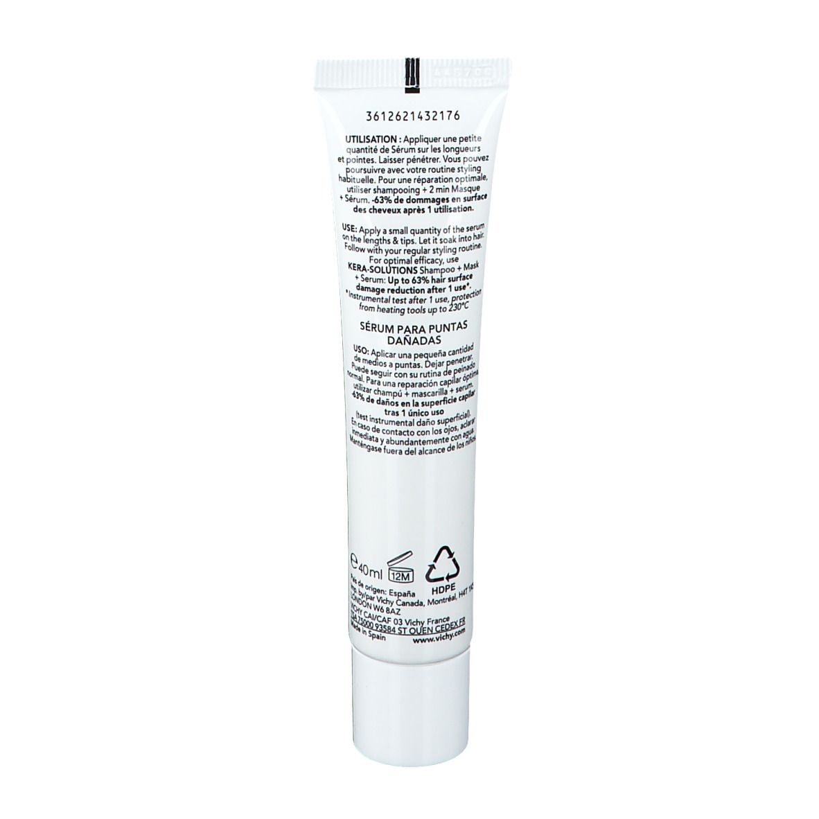 Dos du tube. Texte: Instructions d'utilisation multilingues, ingrédients, informations fabricant, symbole de recyclage.