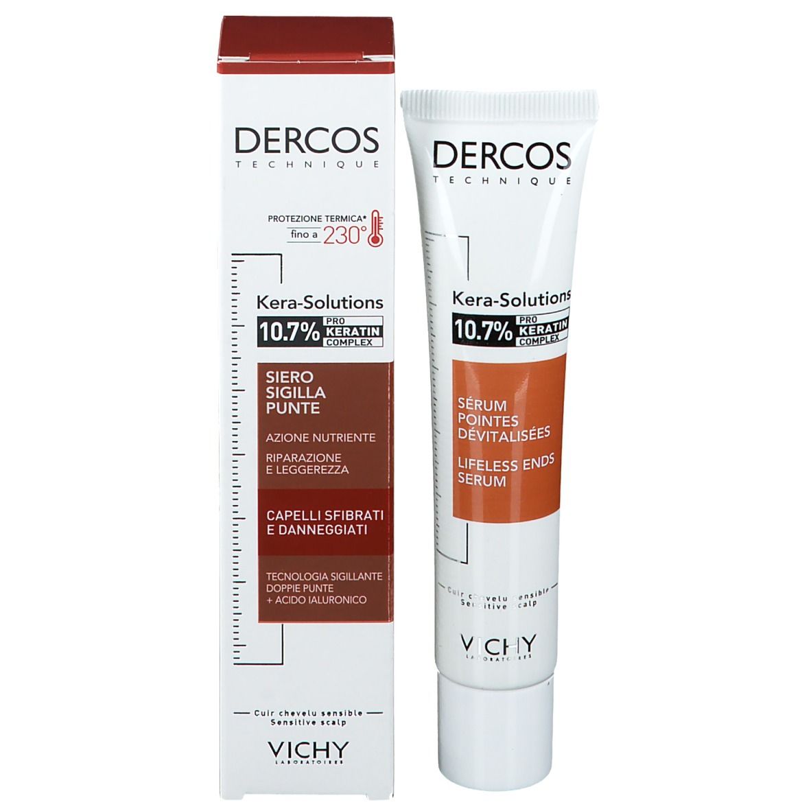 Produit avec emballage. Tube et boîte. Texte: Dercos Technique, Kera-Solutions, 10.7% Keratin Complex, Sérum Pointes Dévitalisées.