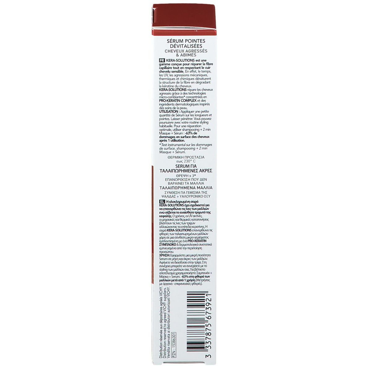 Dos de l'emballage. Texte: Instructions d'utilisation, ingrédients, informations fabricant, symbole de recyclage, code-barres.