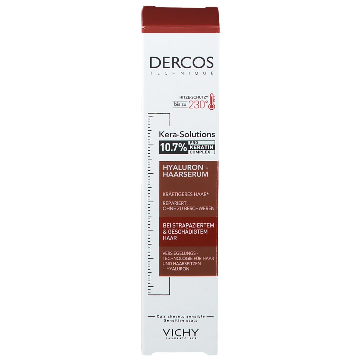 Emballage du produit. Texte: Dercos Technique, Kera-Solutions, 10.7% Keratin Complex, Sérum Hyaluronique, Pour cheveux abîmés.