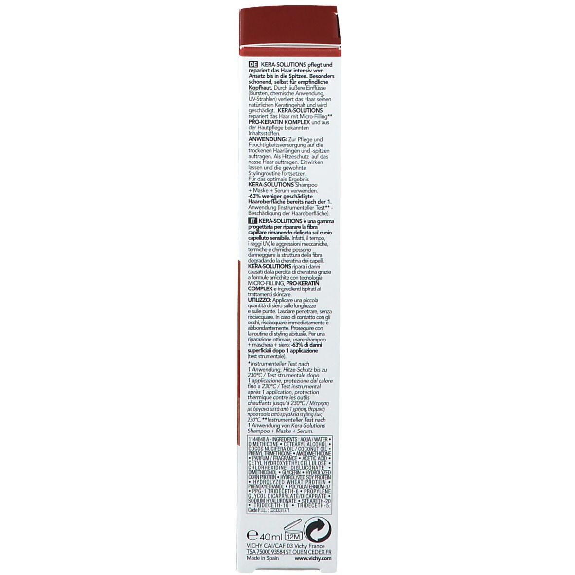 Dos de l'emballage. Texte: Utilisation, ingrédients, informations fabricant, symbole de recyclage, code-barres, E40ml.