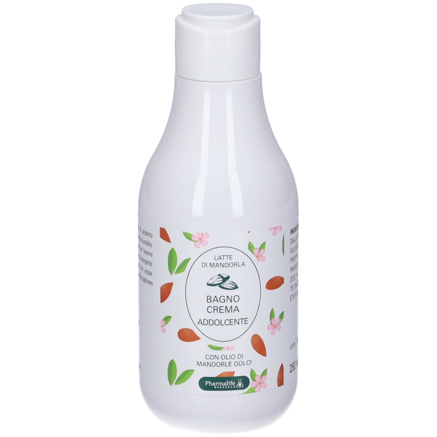 Flacone bianco con etichetta. Testo: Latte di Mandorla Bagno Crema Addolcente. Con olio di Mandorla. Marchio Pharmalife.