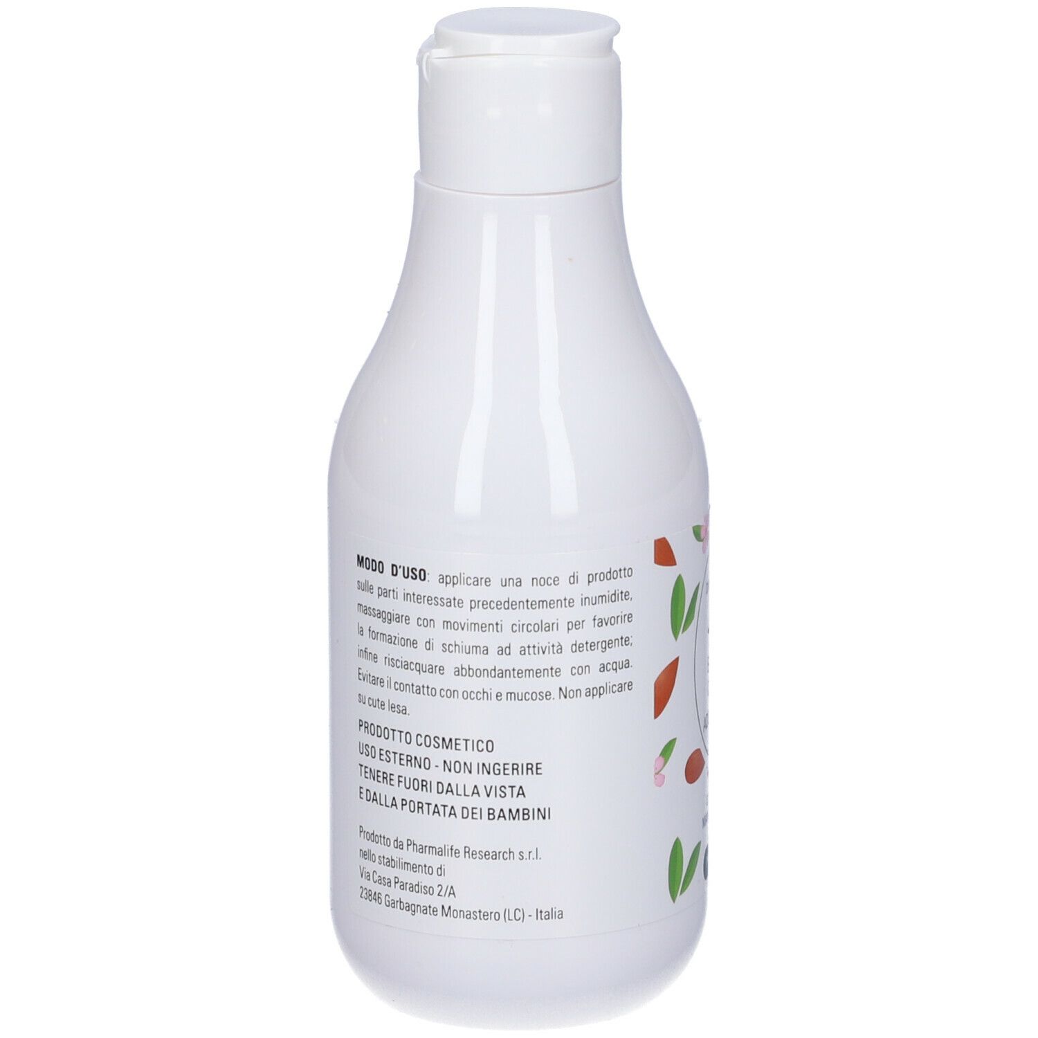 Retro di un flacone bianco. Testo: Modo d'uso, prodotto cosmetico, Non ingerire. Prodotto da Pharmalife Research.