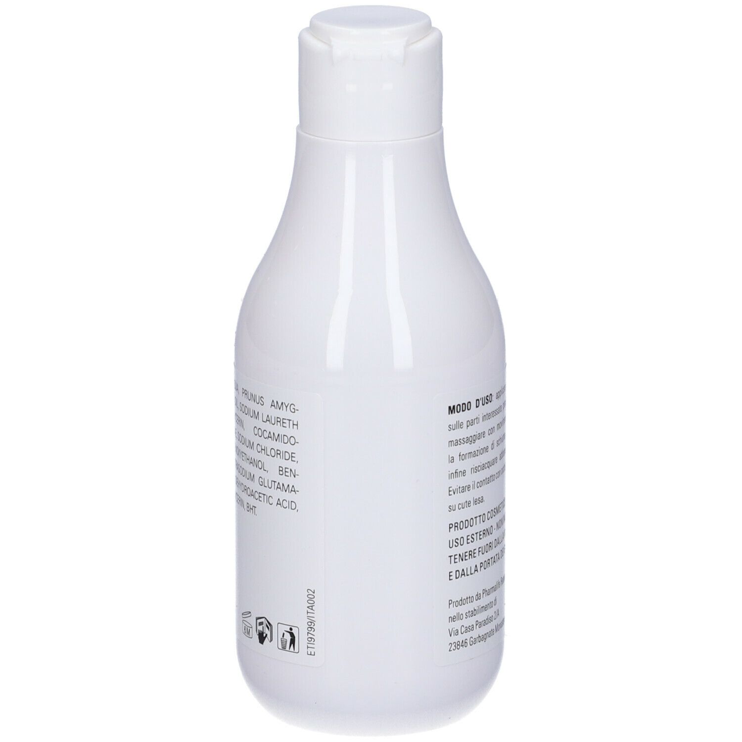 Retro di un flacone bianco. Testo: Ingredienti, Aqua, Prunus Amygdalus Dulcis Oil, Sodium Laureth Sulfate, etc.