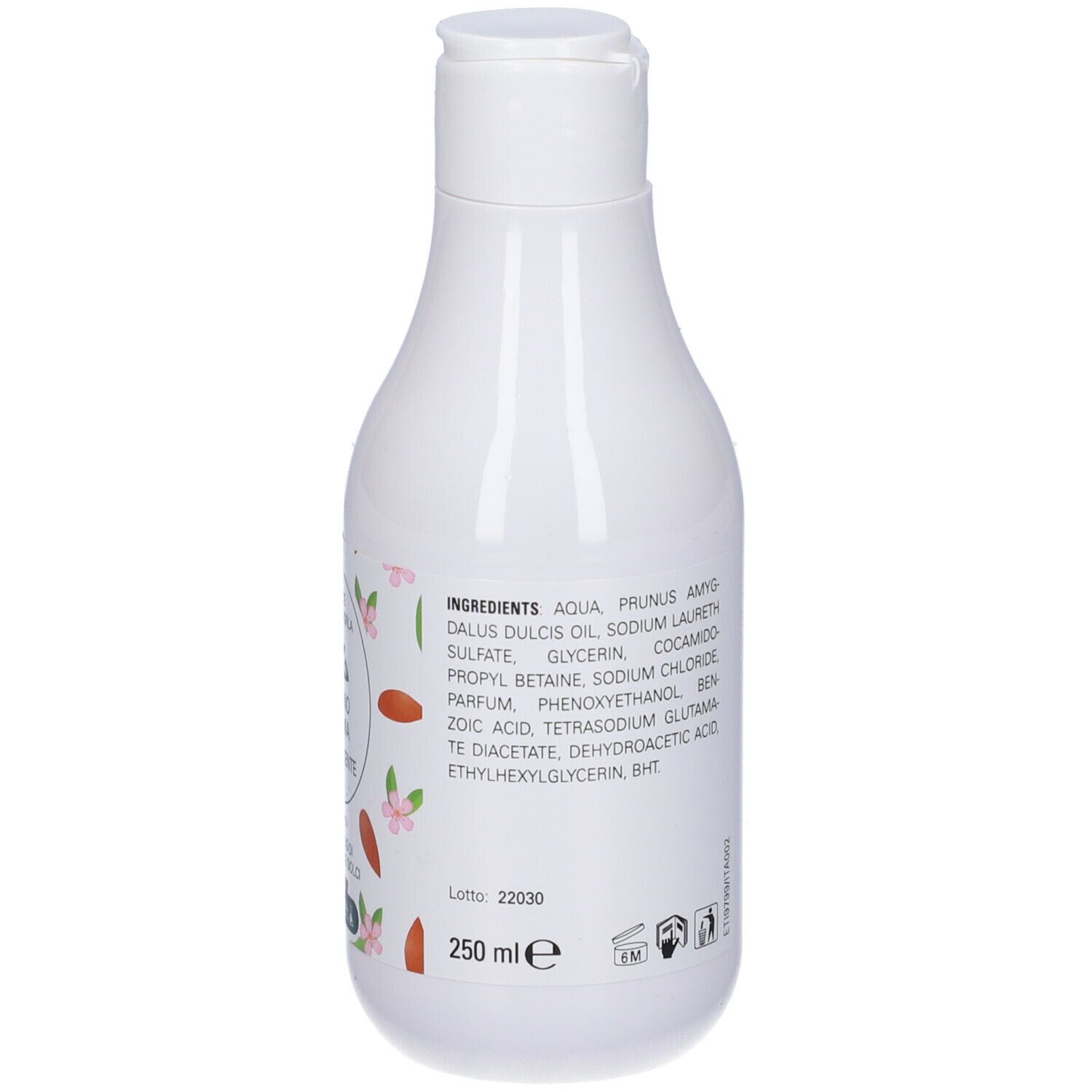 Retro di un flacone bianco. Testo: Ingredienti, Aqua, Prunus Amygdalus Dulcis Oil, Sodium Laureth Sulfate, etc. 250 ml.