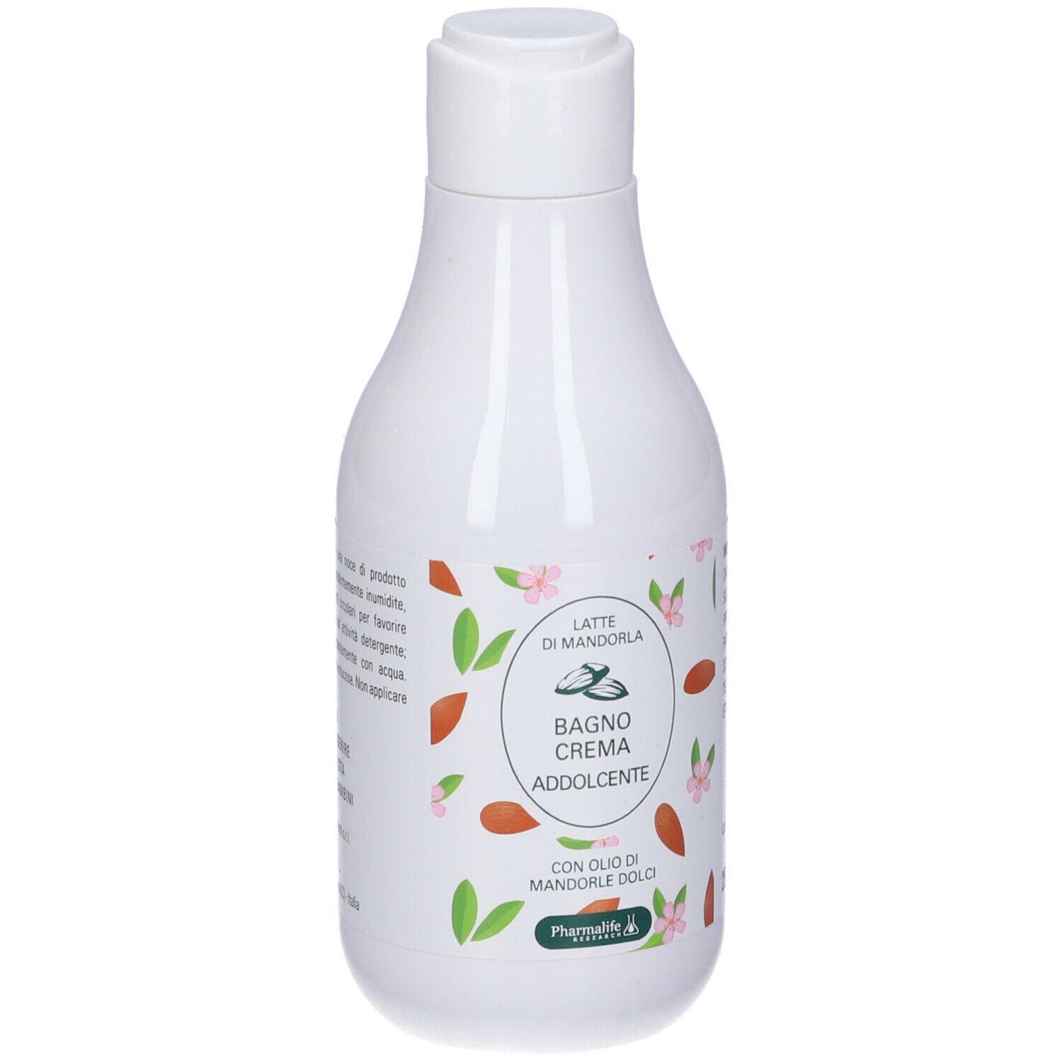 Flacone bianco con etichetta. Testo: Latte di Mandorla Bagno Crema Addolcente. Con olio di Mandorla. Marchio Pharmalife. 250 ml.