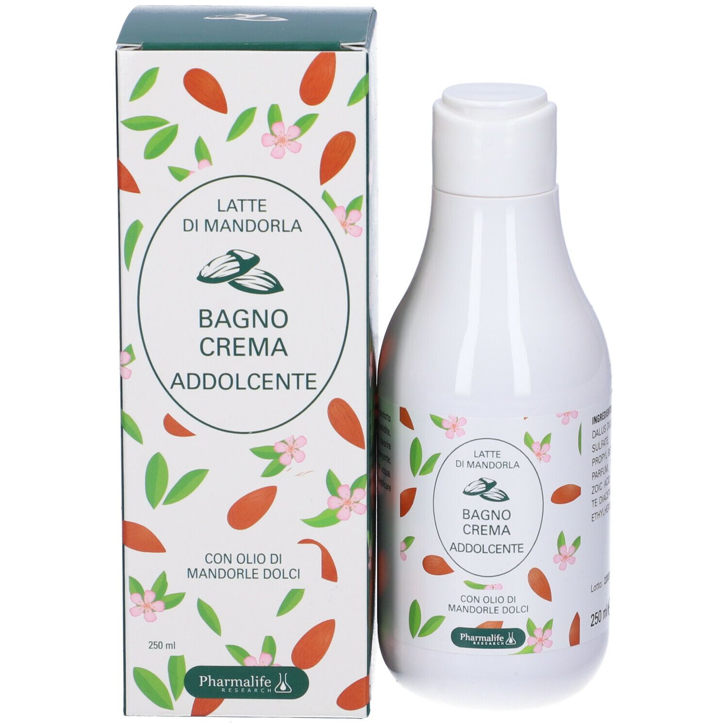 Confezione e flacone del prodotto. Testo: Latte di Mandorla Bagno Crema Addolcente. Con olio di Mandorla. Marchio Pharmalife. 250 ml.