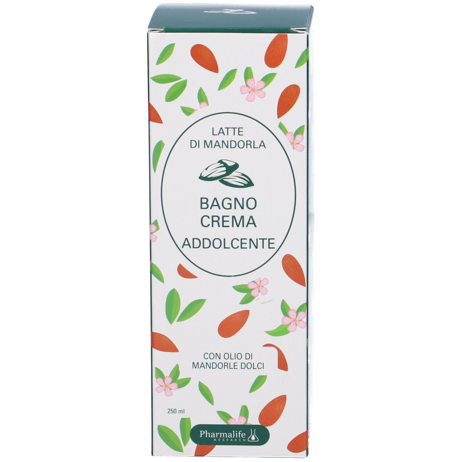 Confezione del prodotto. Testo: Latte di Mandorla Bagno Crema Addolcente. Con olio di Mandorla. Marchio Pharmalife. 250 ml.