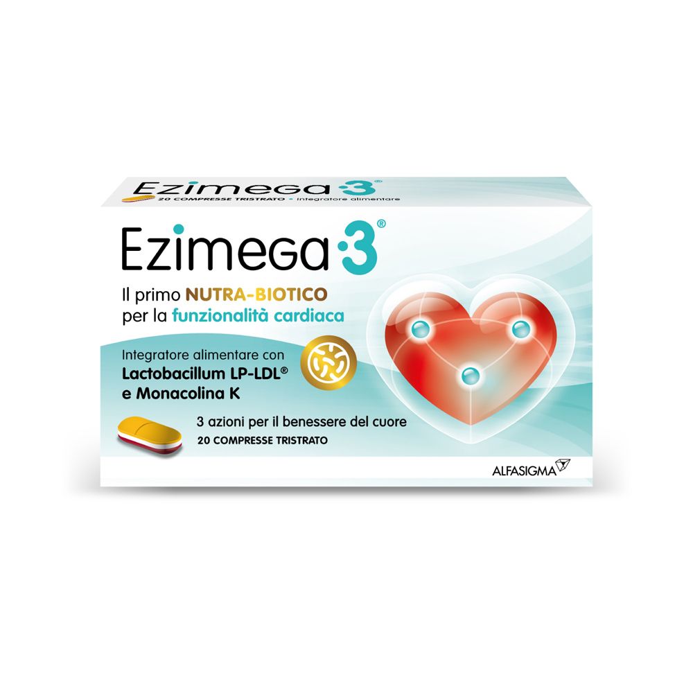Scatola di Ezimega 3. Simbolo a cuore, immagine di compresse, testo. Marchio: Alfasiigma.