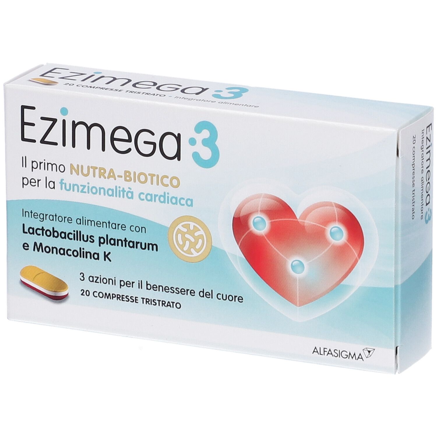 Scatola di Ezimega 3. Simbolo a cuore, immagine di compresse, testo. Marchio: Alfasiigma.