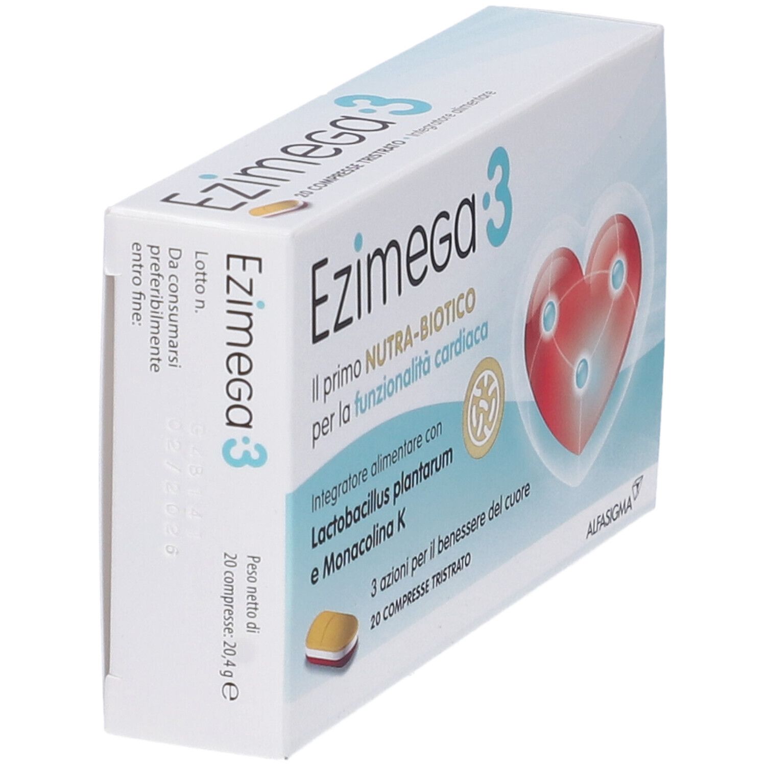 Scatola di Ezimega 3. Simbolo a cuore, immagine di compresse, testo. Marchio: Alfasiigma.