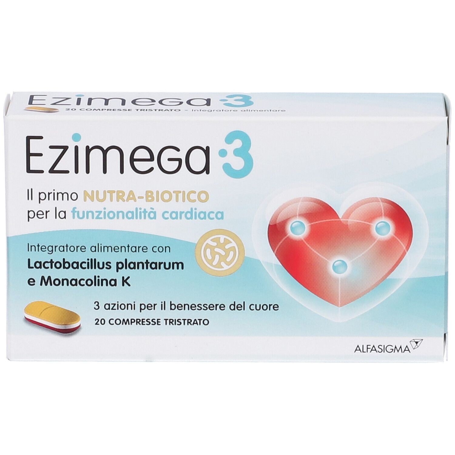 Scatola di Ezimega 3. Simbolo a cuore, immagine di compresse, testo. Marchio: Alfasiigma.
