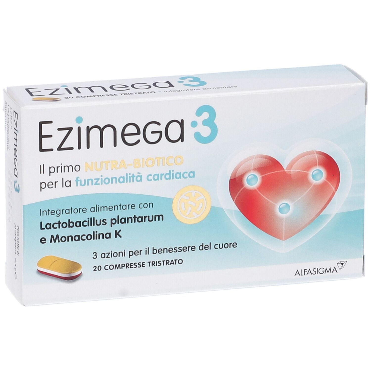 Scatola di Ezimega 3. Simbolo a cuore, immagine di compresse, testo. Marchio: Alfasiigma.