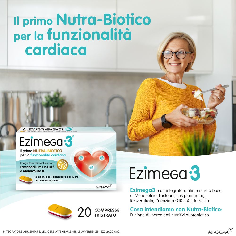 Immagine pubblicitaria con confezione Ezimega 3. Donna mangia insalata. Testo: Ezimega 3, simbolo cuore, compresse.