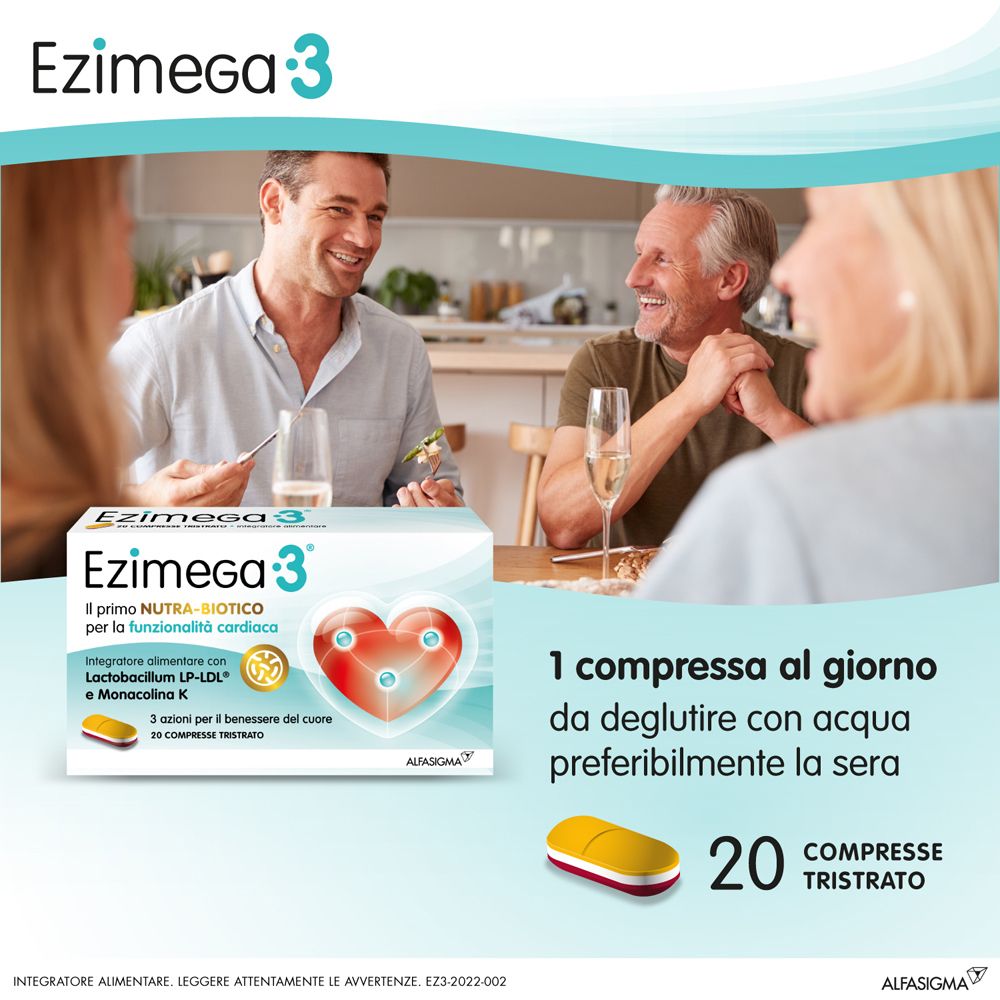 Immagine pubblicitaria con confezione Ezimega 3. Due uomini e una donna a tavola. Testo: 20 compresse.